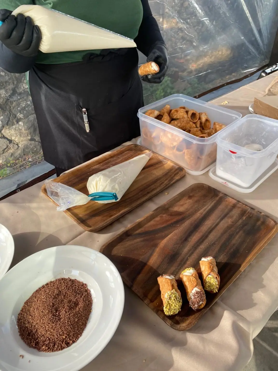 Traditional Sicilian appetizers and gourmet tasting setup prepared for guests at a luxury event in Sicily.