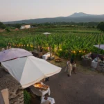 Ospiti che vivono un’esperienza di lusso in vigneto vicino all’Etna in Sicilia al tramonto, con aree degustazione vini, vigneti verdi e viste panoramiche sul paesaggio etneo.