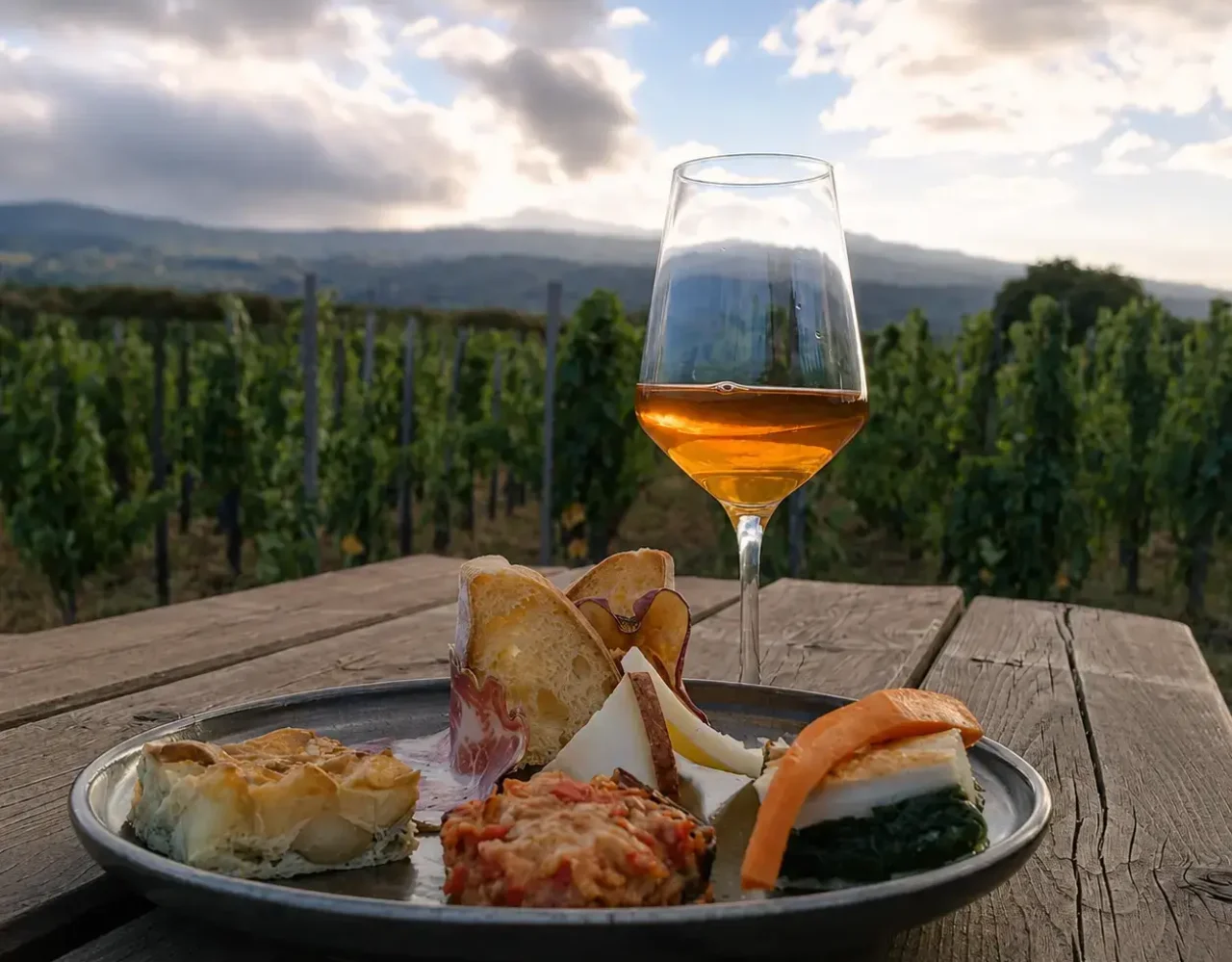 Experiencia de cata de vinos sicilianos con gastronomía local y vistas a los viñedos.
